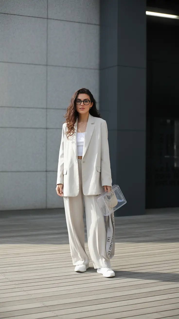 minimalist spring transition outfits for 2026 Light Neutrals in Relaxed Tailoring