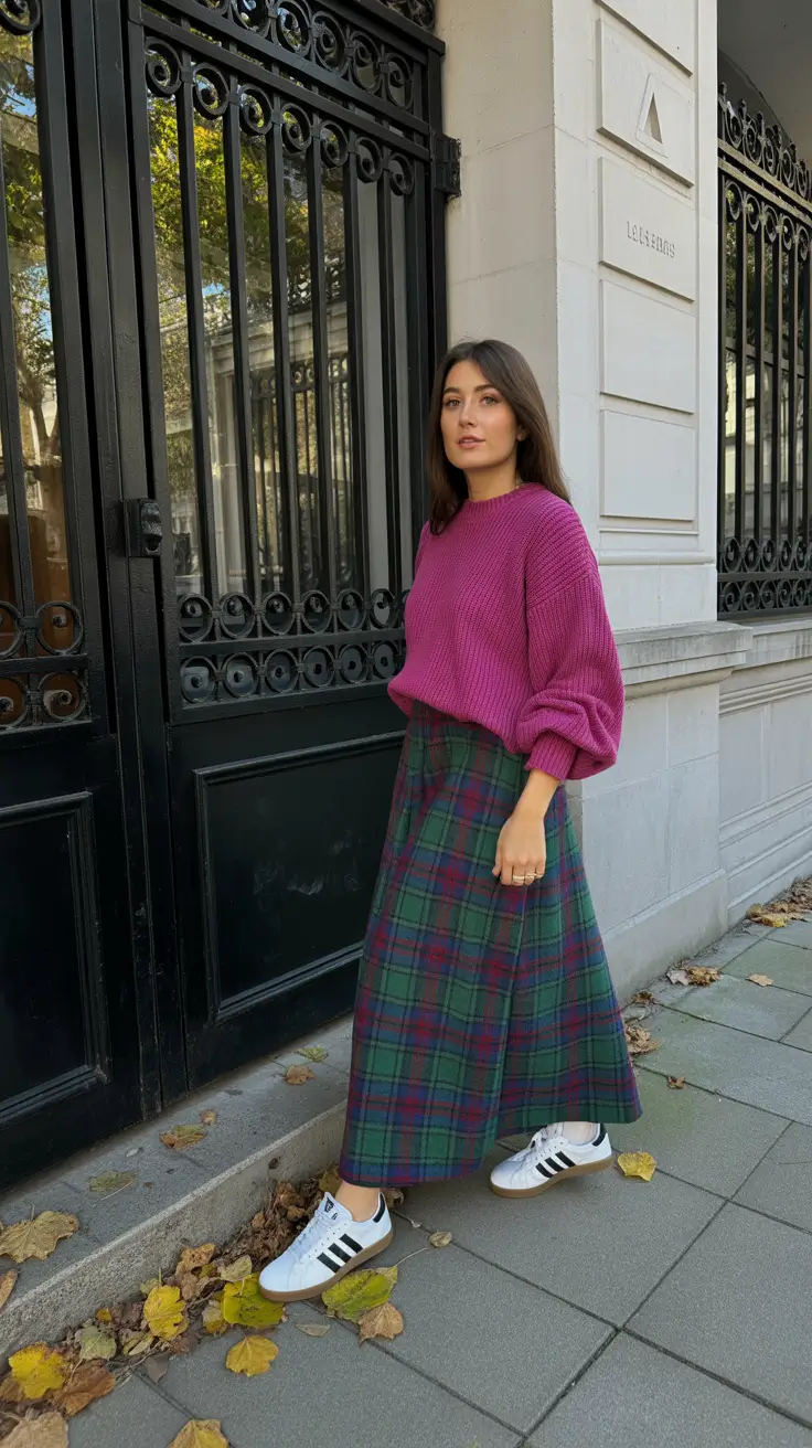 minimalist spring transition outfits for 2026 Bold Knit Color with Heritage Skirt Flair