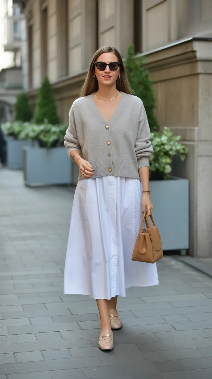 minimalist spring transition outfits for 2026 Soft Cardigan Layering with Classic Spring Whites