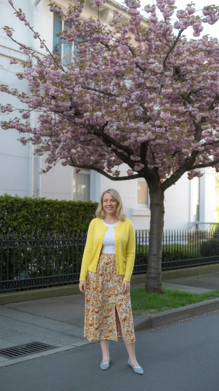 minimalist spring transition outfits for 2026 Bright Yellow Layers with Soft Floral Movement