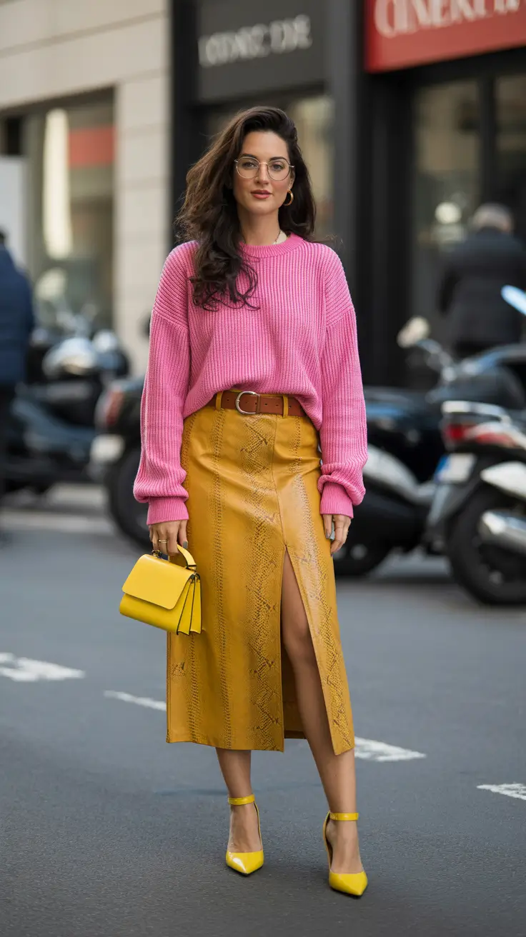 minimalist spring transition outfits for 2026 Vibrant Contrast with Sleek Golden Textures