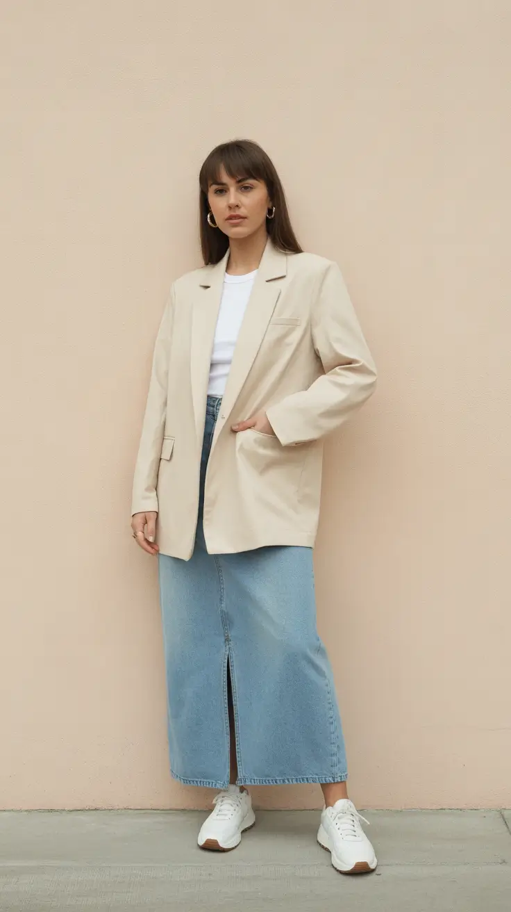minimalist spring transition outfits for 2026 Clean Layers with a Modern Denim Skirt