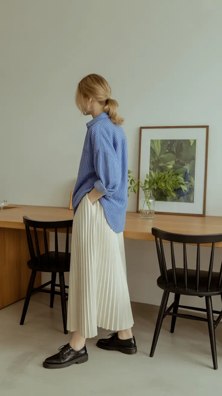 modern spring skirt outfits 2026 - Soft Blue Layers and Flowing Pleats