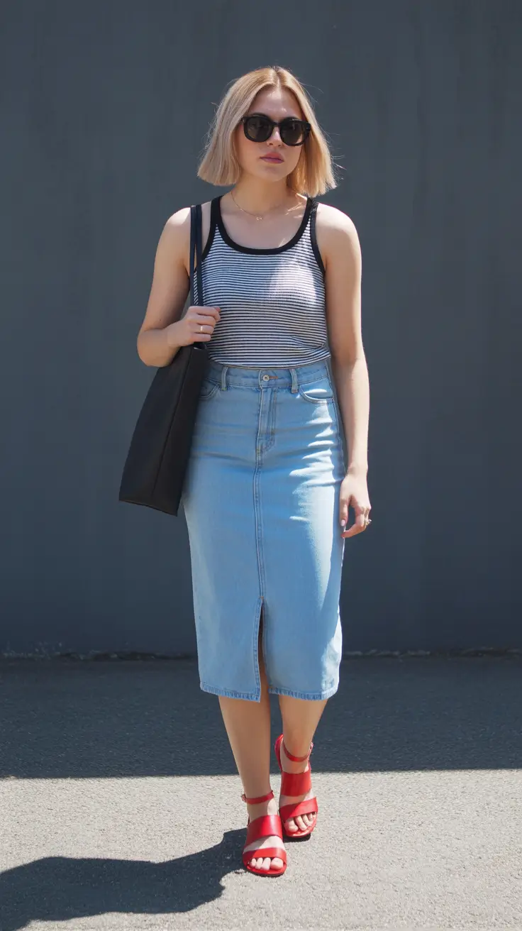 modern spring skirt outfits 2026 - Denim Cool With a Pop of Bright Modernity