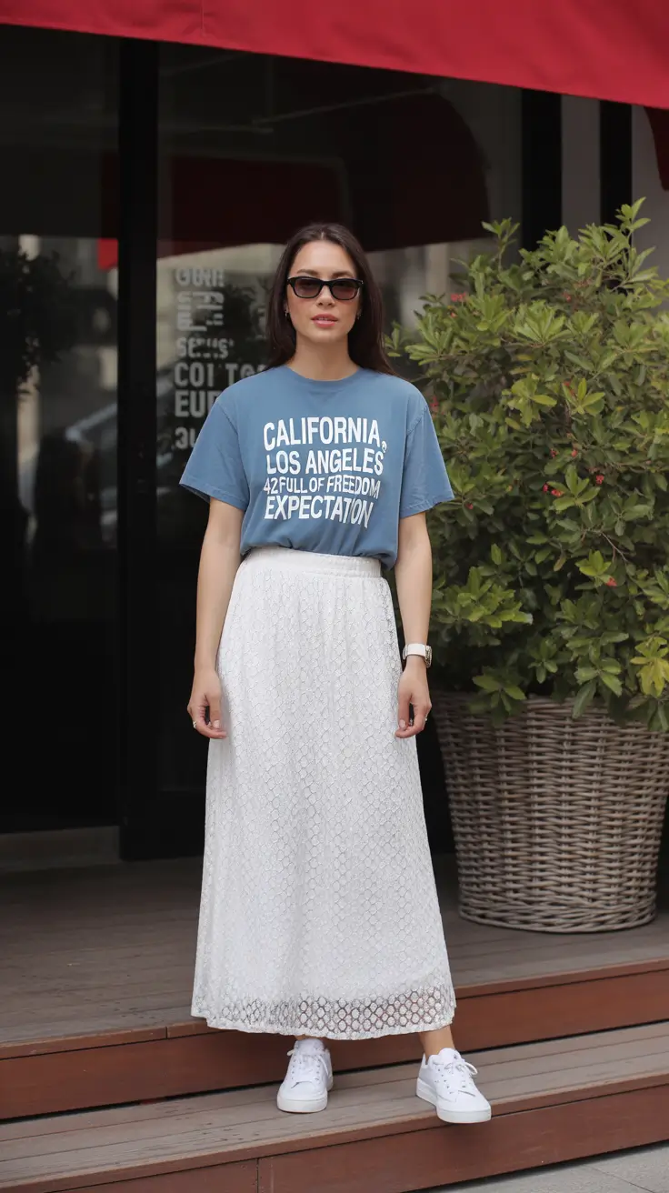 modern spring skirt outfits 2026 - Crisp Graphics With Lace-Soft Grace