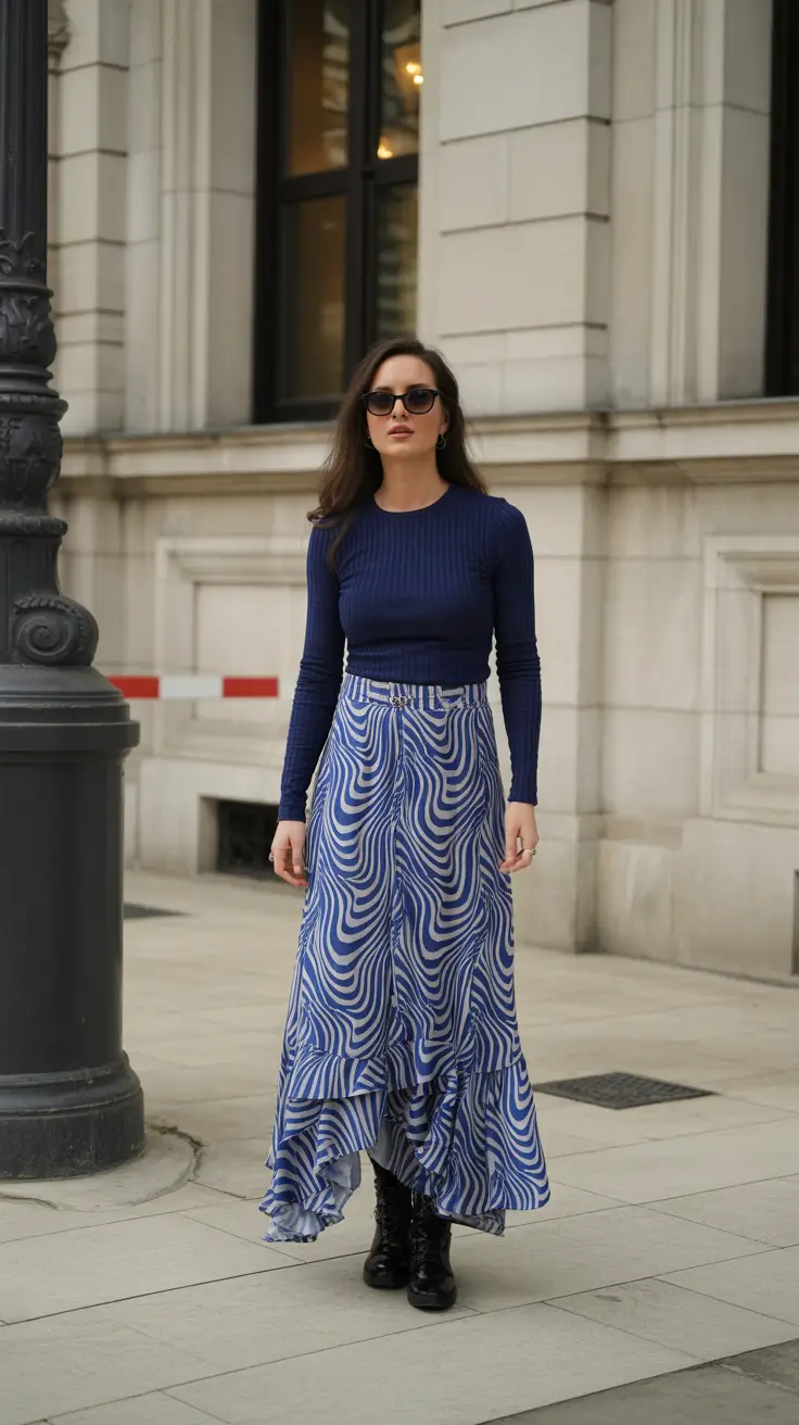 modern spring skirt outfits 2026 - Gradient Waves and Deep Blue Confidence