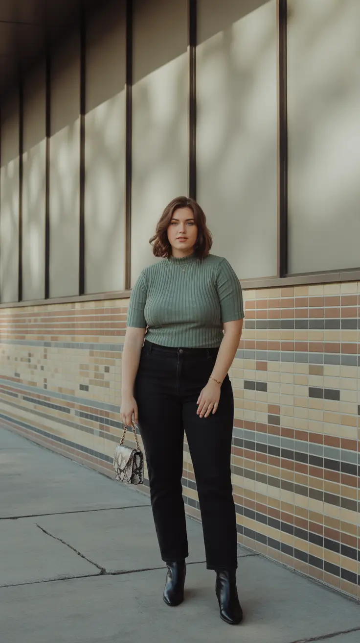 midsize spring outfits 2026 Ribbed Sage Knit with Sleek Black Denim