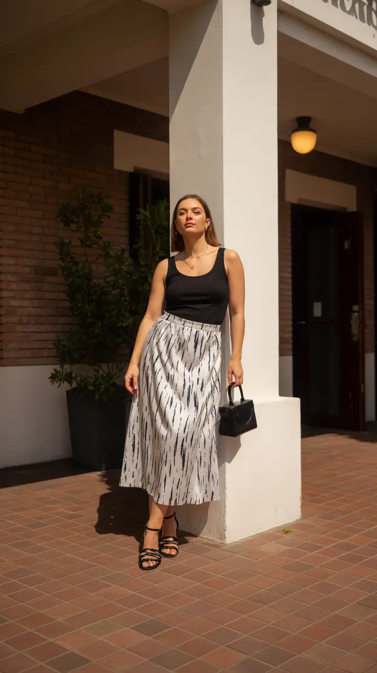 midsize spring outfits 2026 Monochrome Chic with a Graphic Twist