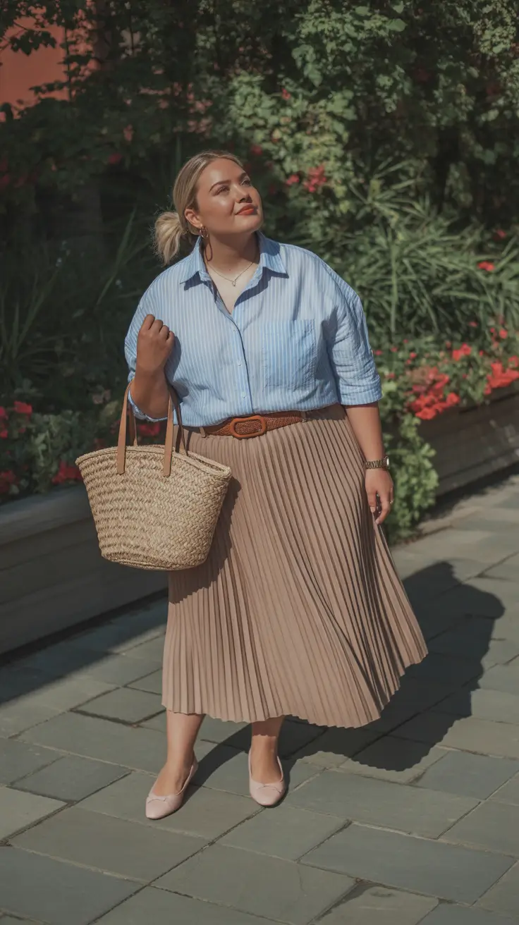 midsize spring outfits 2026 Classic Button-Down with a Soft Pleated Skirt
