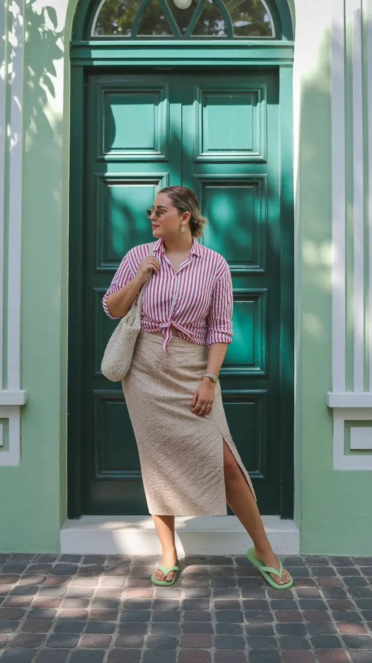 midsize spring outfits 2026 Striped Button-Down with a Sleek Neutral Skirt