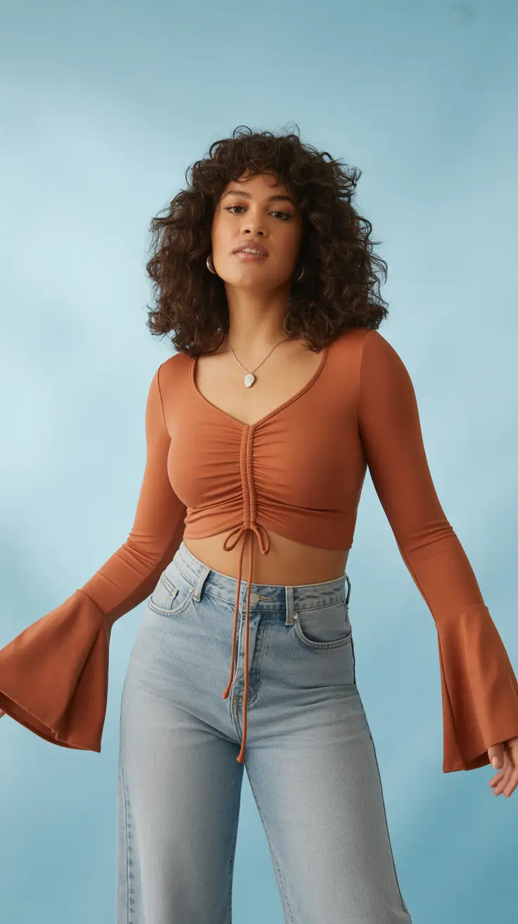 midsize spring outfits 2026 Rust Crop and Light Denim for Warm Spring Afternoons