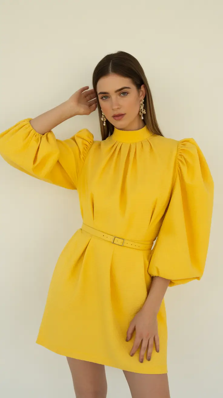 trendy spring outfits women 2026 Golden Statement Dress with Sculptural Sleeves