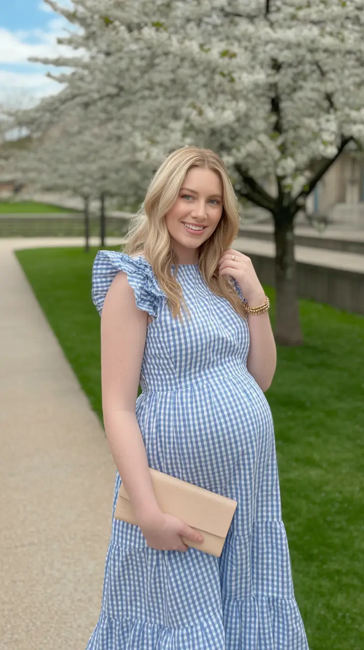spring outfit for pregnant women casual Gingham Sweetness in a Soft Baby-Blue Tone