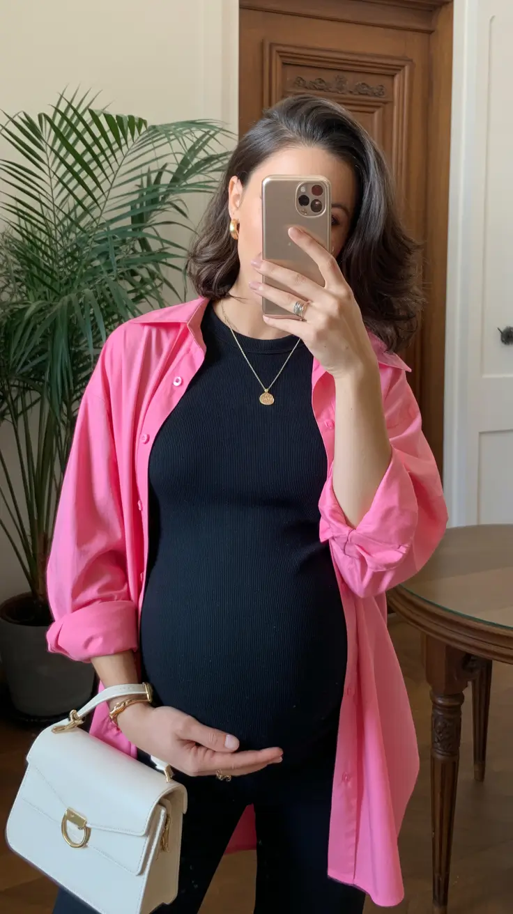 spring outfit for pregnant women casual Bold Contrast With Bright Pops of Pink