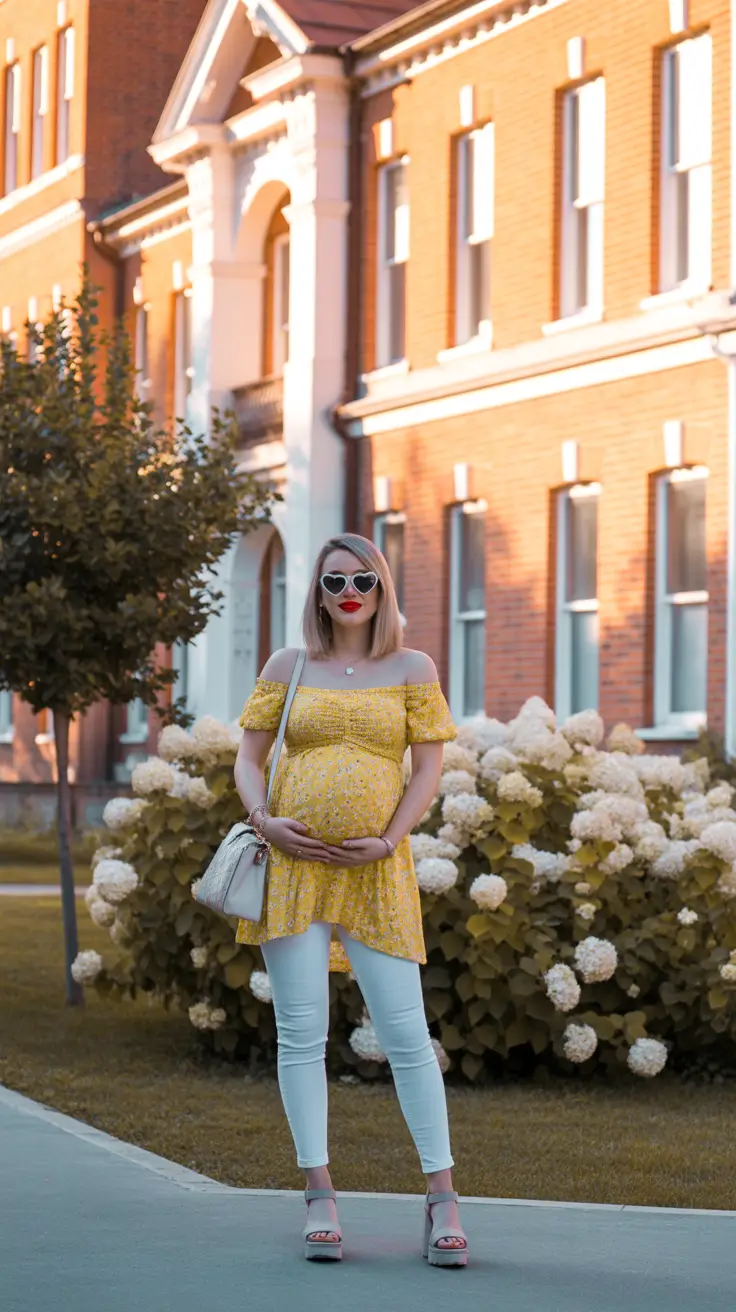 spring outfit for pregnant women casual Sunny Dress With Clean Lines and Retro Charm