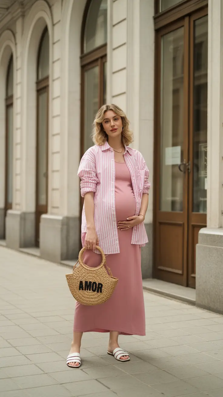 spring outfit for pregnant women casual Soft Pink Layers With an Easy Weekend Mood