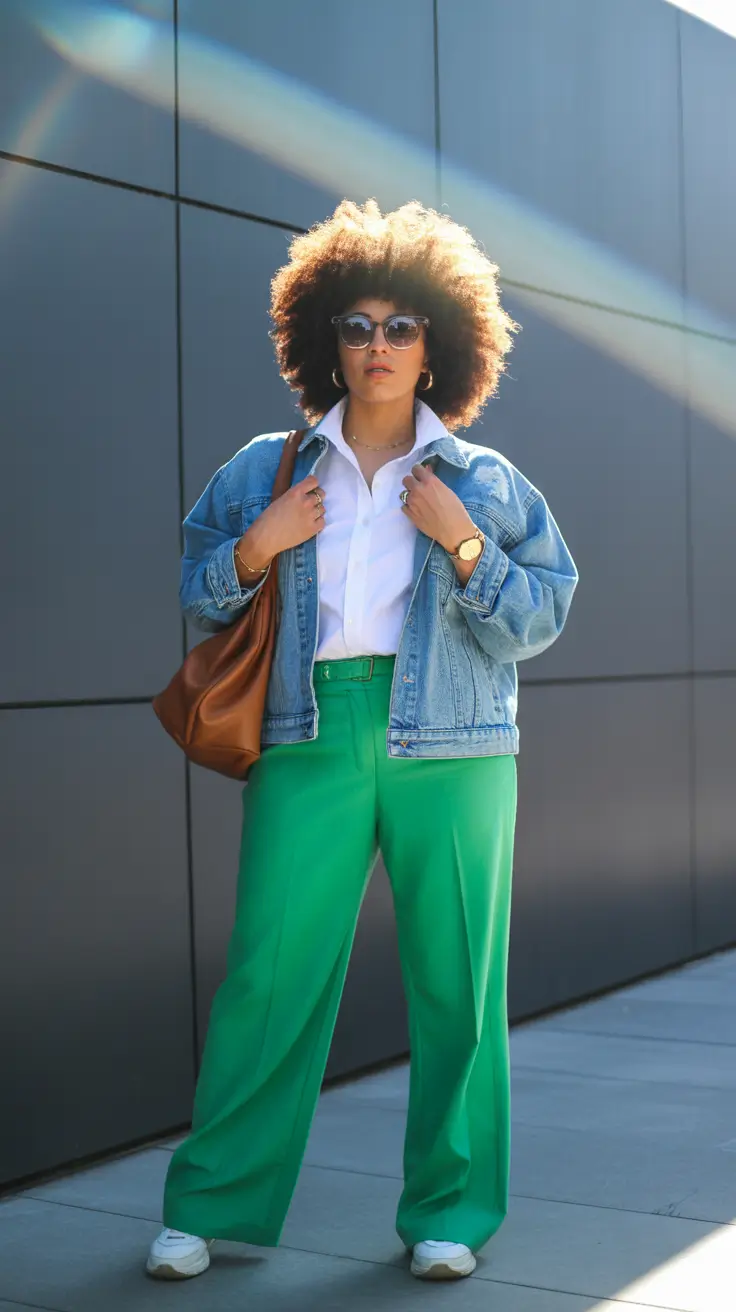 spring outfits women over 40 2026 Bold Green Trousers With Denim Structure