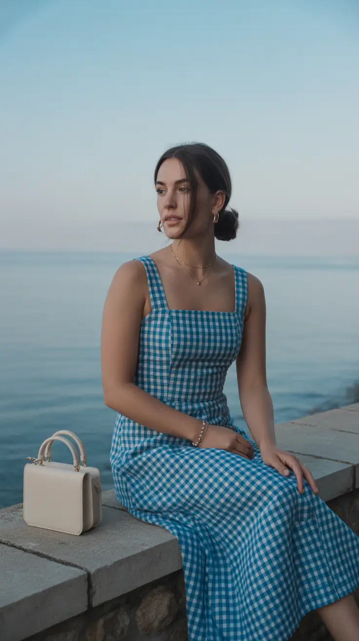 spring vacation outfits 2026 Gingham Calm for Waterfront Evenings