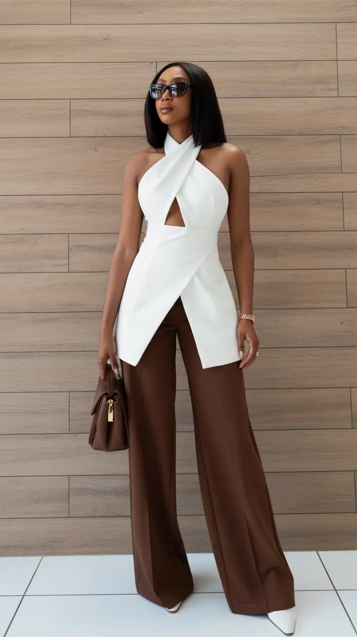 spring business casual outfits 2026 Architectural White Top with Chocolate Trousers