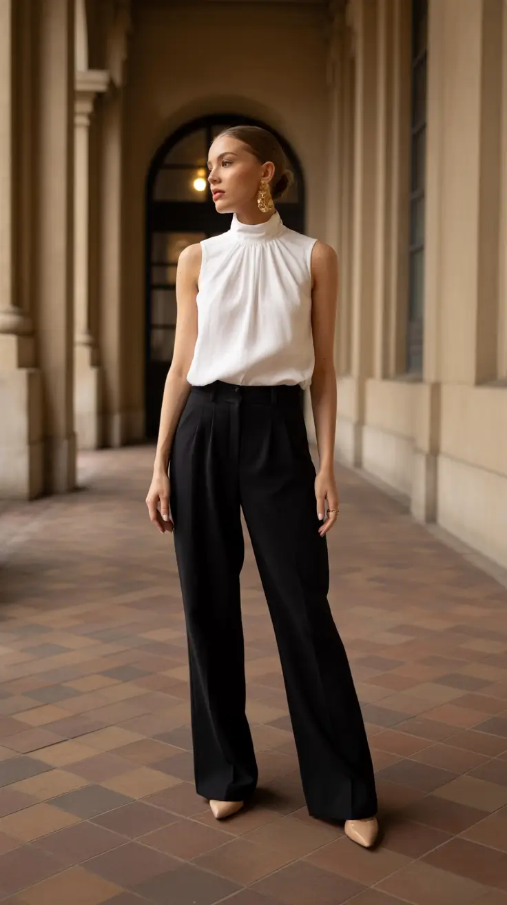 spring business casual outfits 2026 Crisp White Halter Blouse with Classic Black Trousers