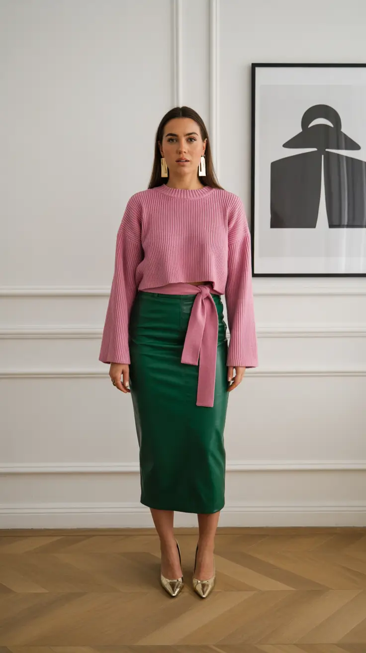 spring business casual outfits 2026 Pink Knit and Emerald Skirt for Playful Office Polish