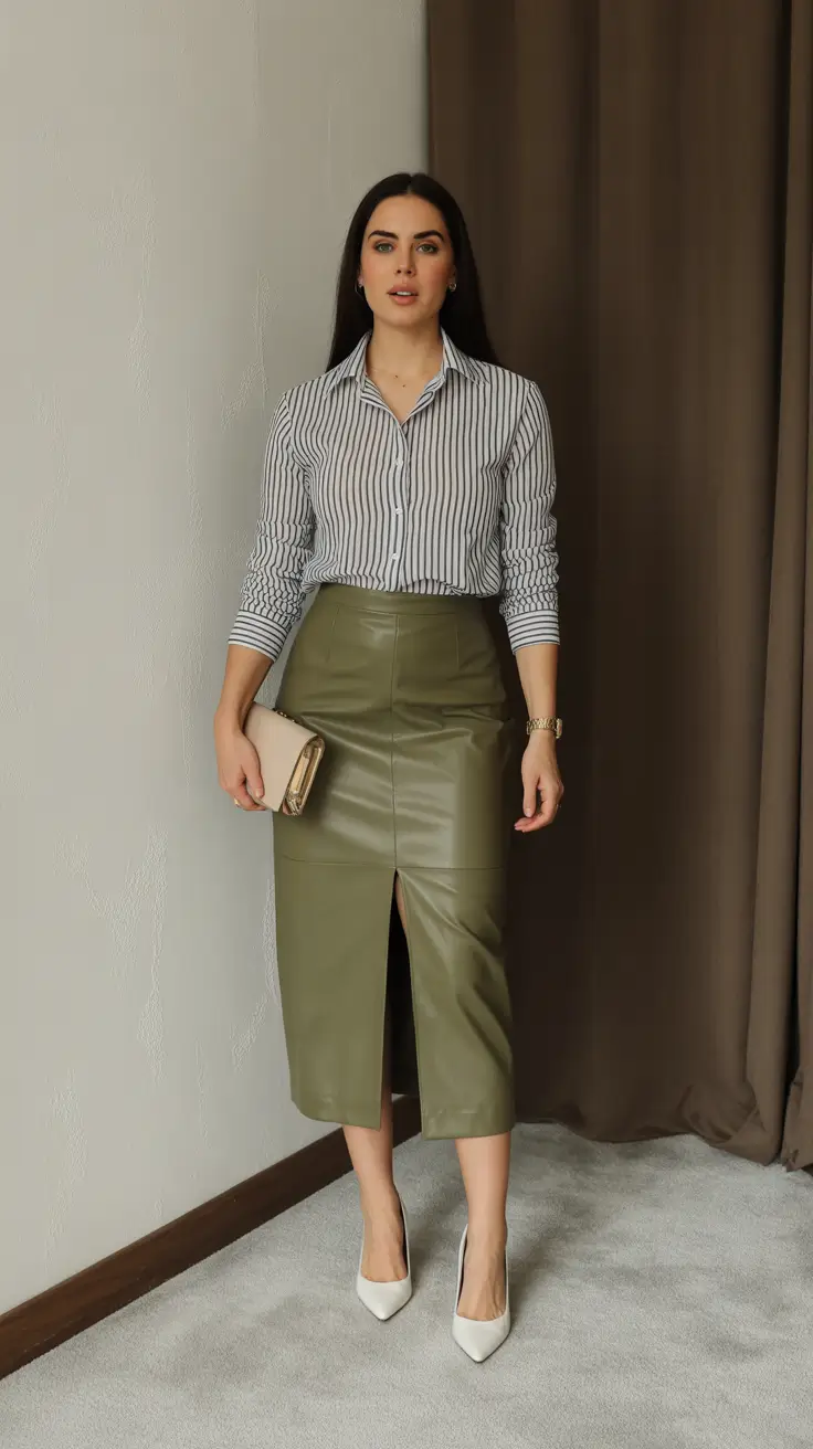 spring business casual outfits 2026 Striped Shirt with Olive Leather Skirt Sophistication