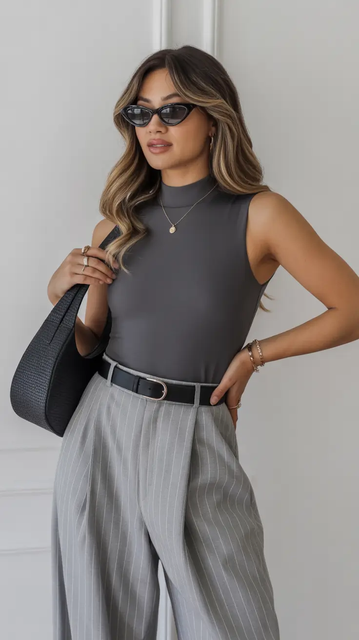 spring business casual outfits 2026 Minimalist Grey Palette with Pinstripe Polish