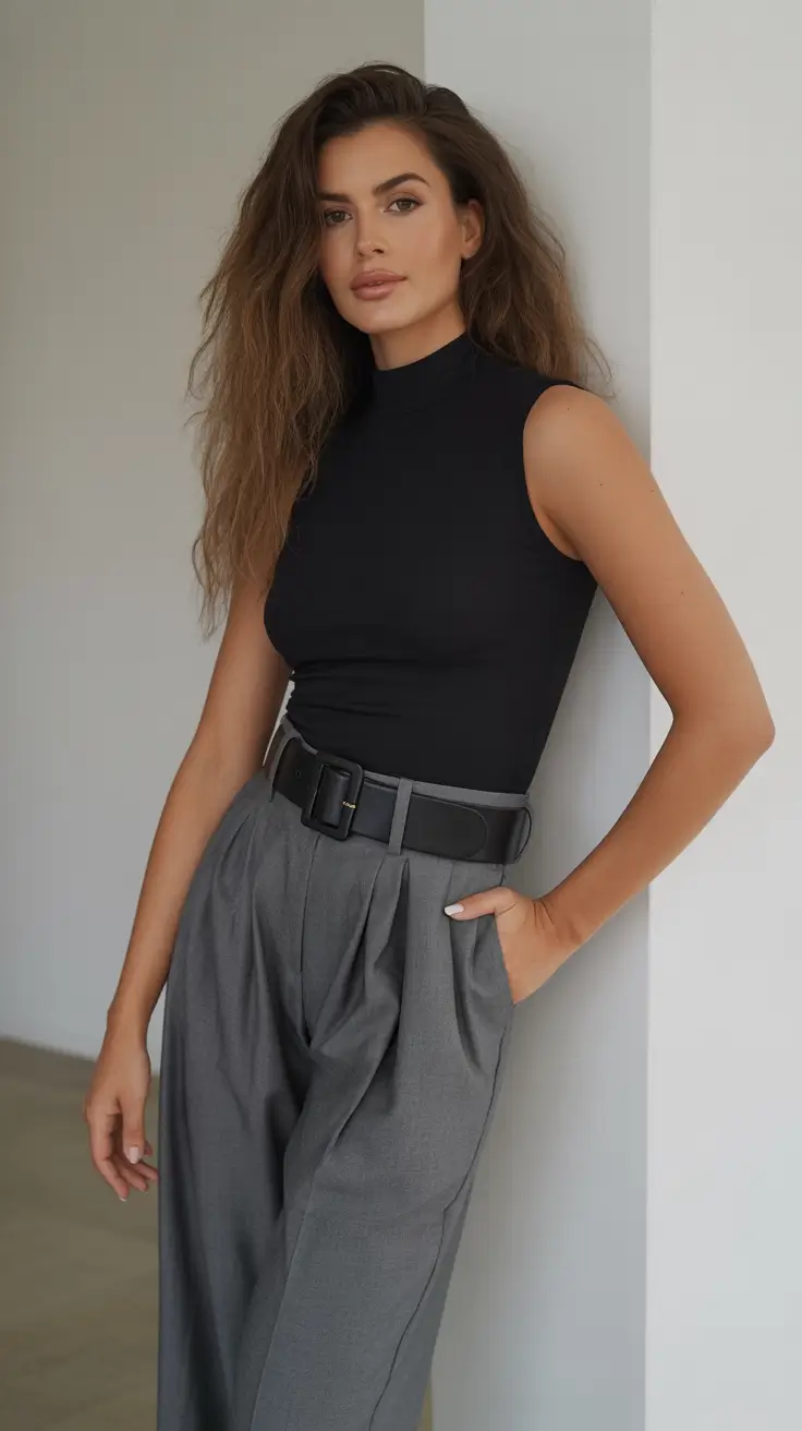 spring business casual outfits 2026 Black Sleeveless Top with Soft Grey Tailoring