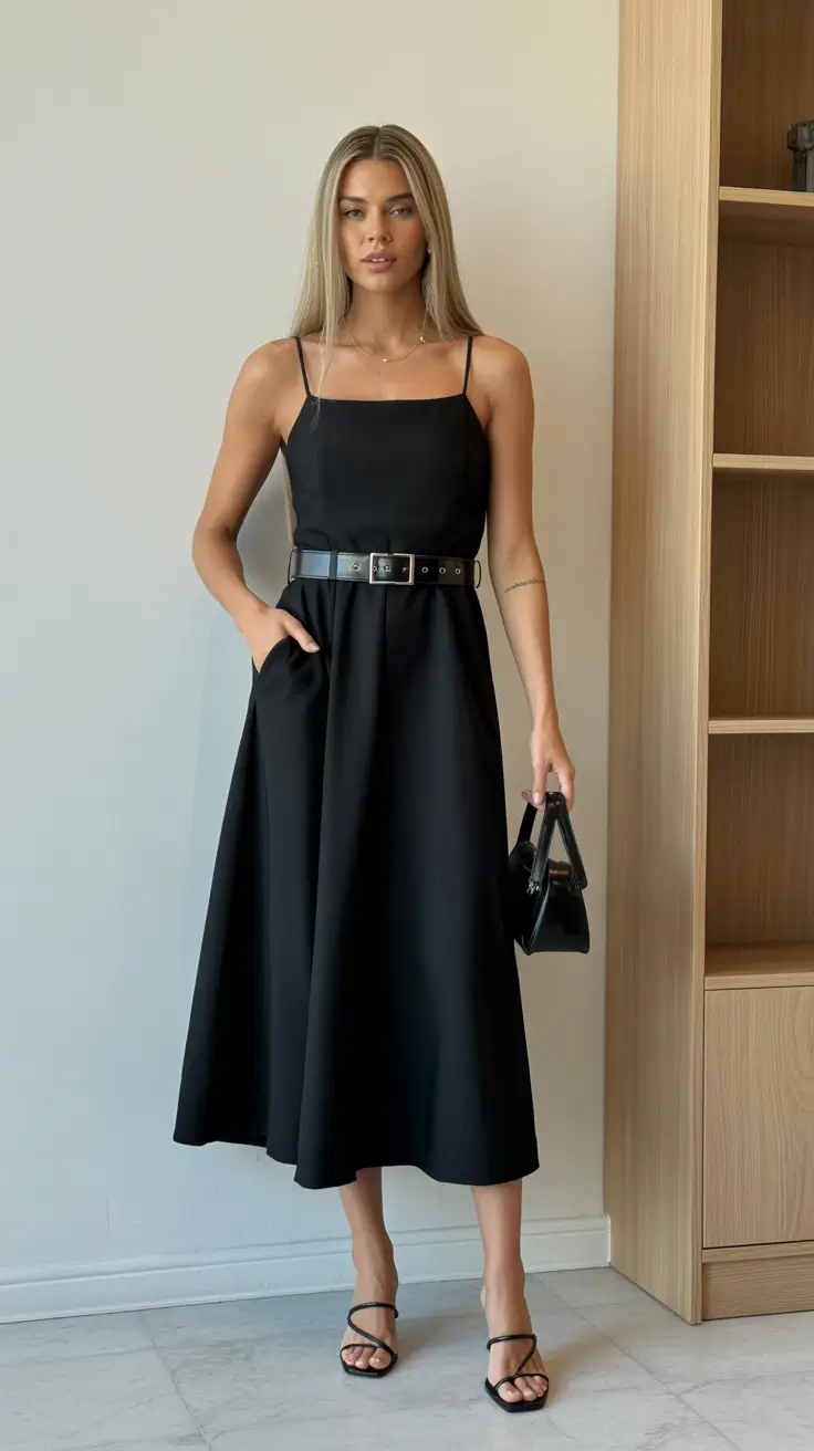 spring business casual outfits 2026 Black Midi Dress with Sleek Belt and Strappy Details