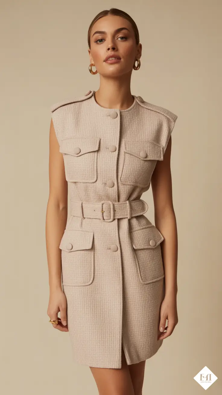 spring business casual outfits 2026 Textured Belted Mini in Soft Neutrals