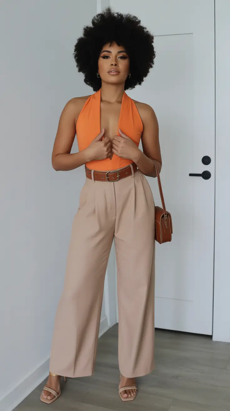 spring business casual outfits 2026 Soft-Neutral Trousers with a Bold Orange Halter