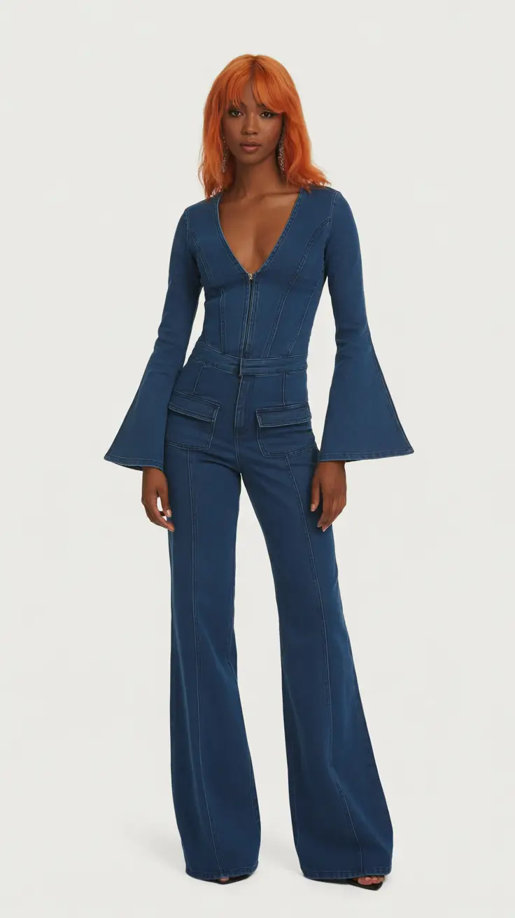 spring business casual outfits 2026 Modern Denim Jumpsuit with Flared Structure