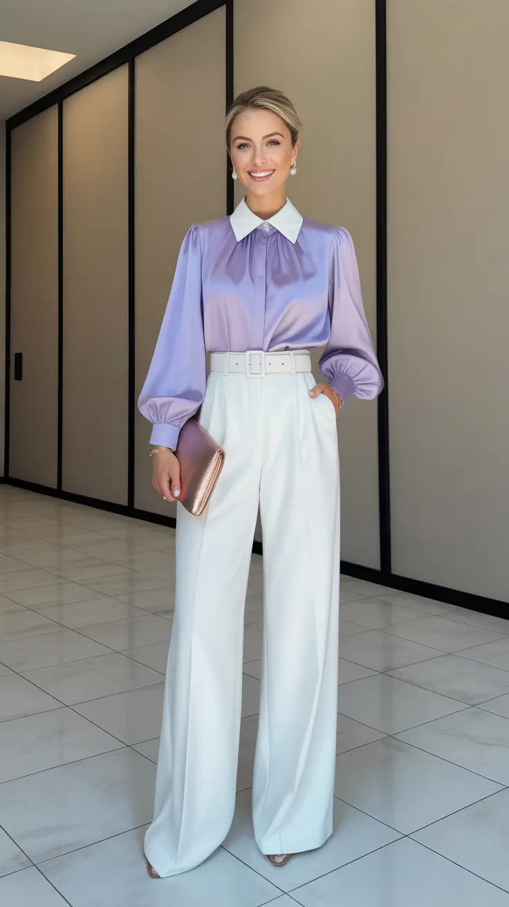 spring workwear 2026 Lavender Satin and Wide-Leg Elegance