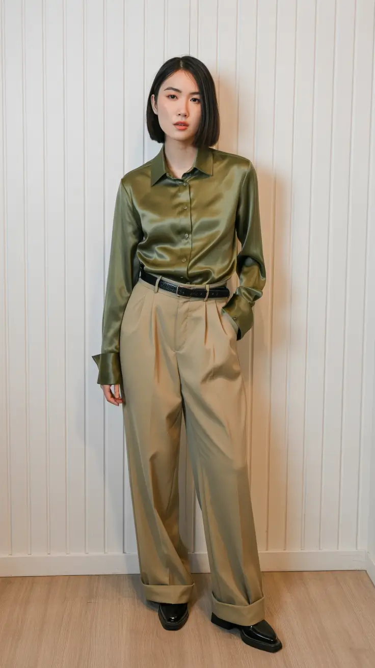spring workwear 2026 Olive Satin with Warm-Tone Tailoring