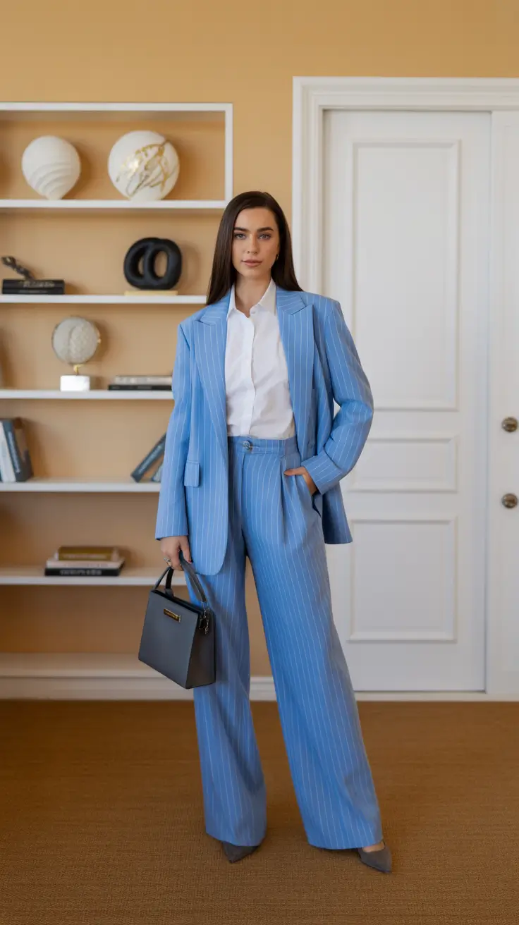 spring workwear 2026 The New Power Suit in Soft Blue Pinstripes