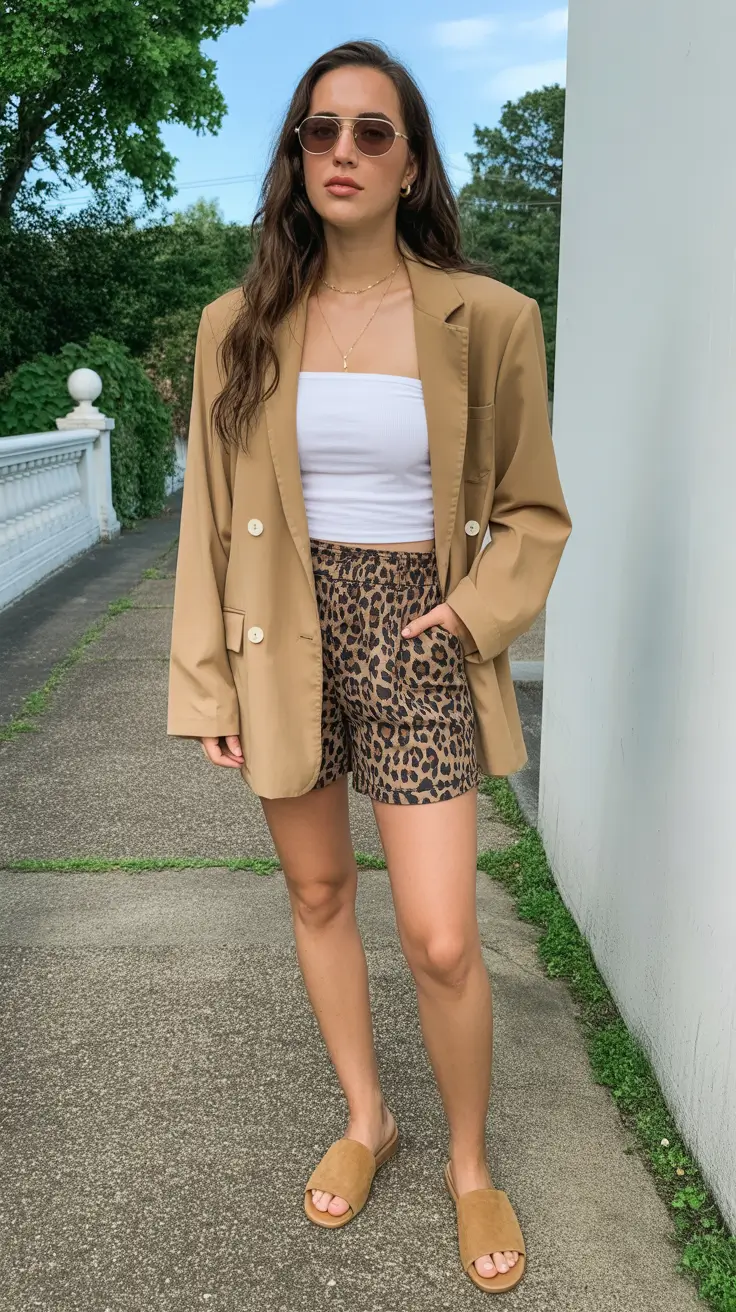 relaxed casual spring outfits 2026 - Blazer and Leopard Shorts for Playful Weekend Energy