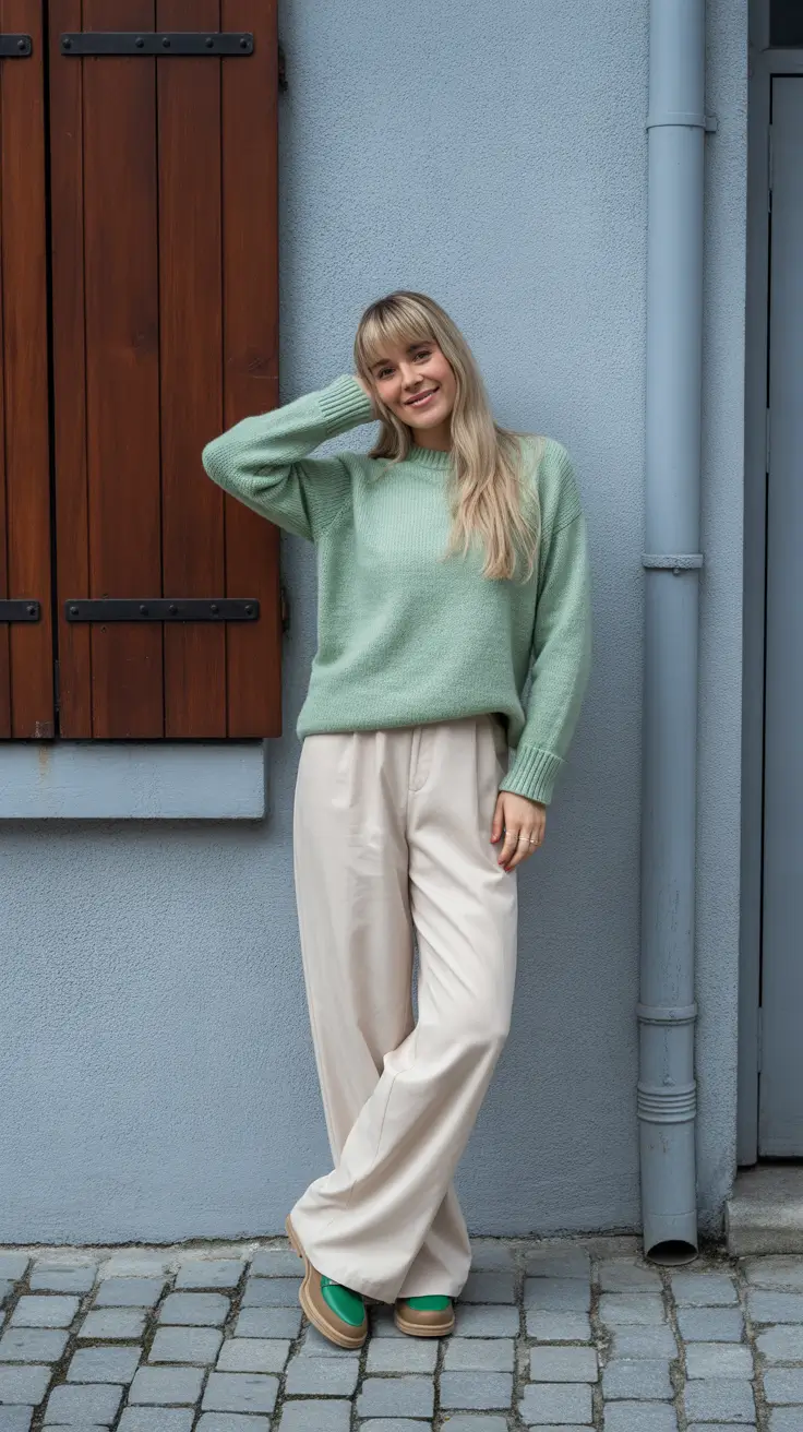 relaxed casual spring outfits 2026 - Mint Sweater Calm With Creamy Tailored Ease