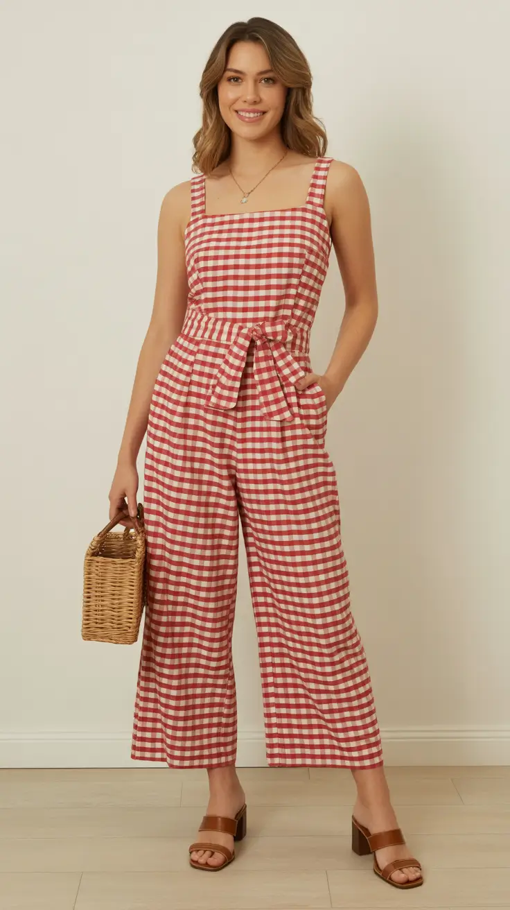 relaxed casual spring outfits 2026 - Gingham Jumpsuit for Fresh Weekend Simplicity