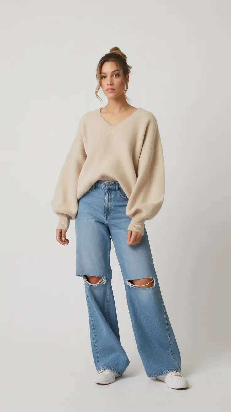 relaxed casual spring outfits 2026 - Cream Knit and Distressed Denim for Effortless Cool
