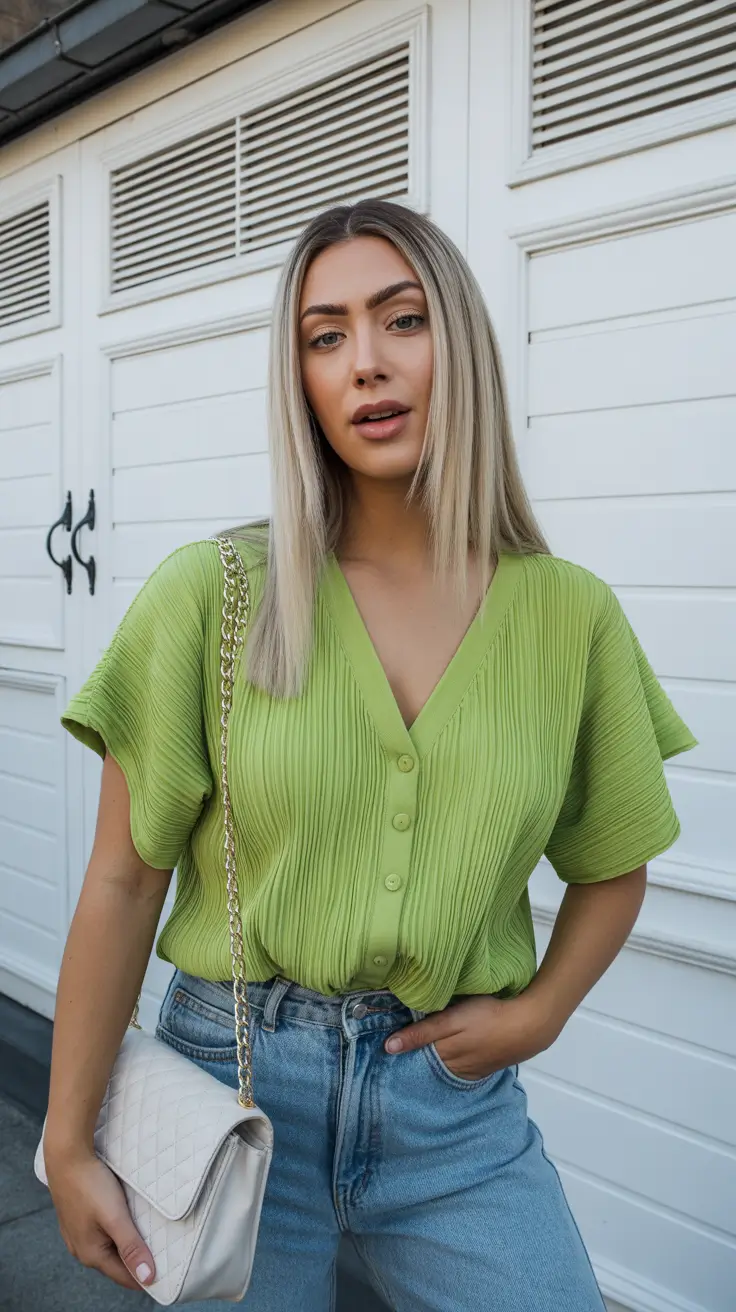 relaxed casual spring outfits 2026 - Lime Pleats and Denim for Fresh Spring Brightness