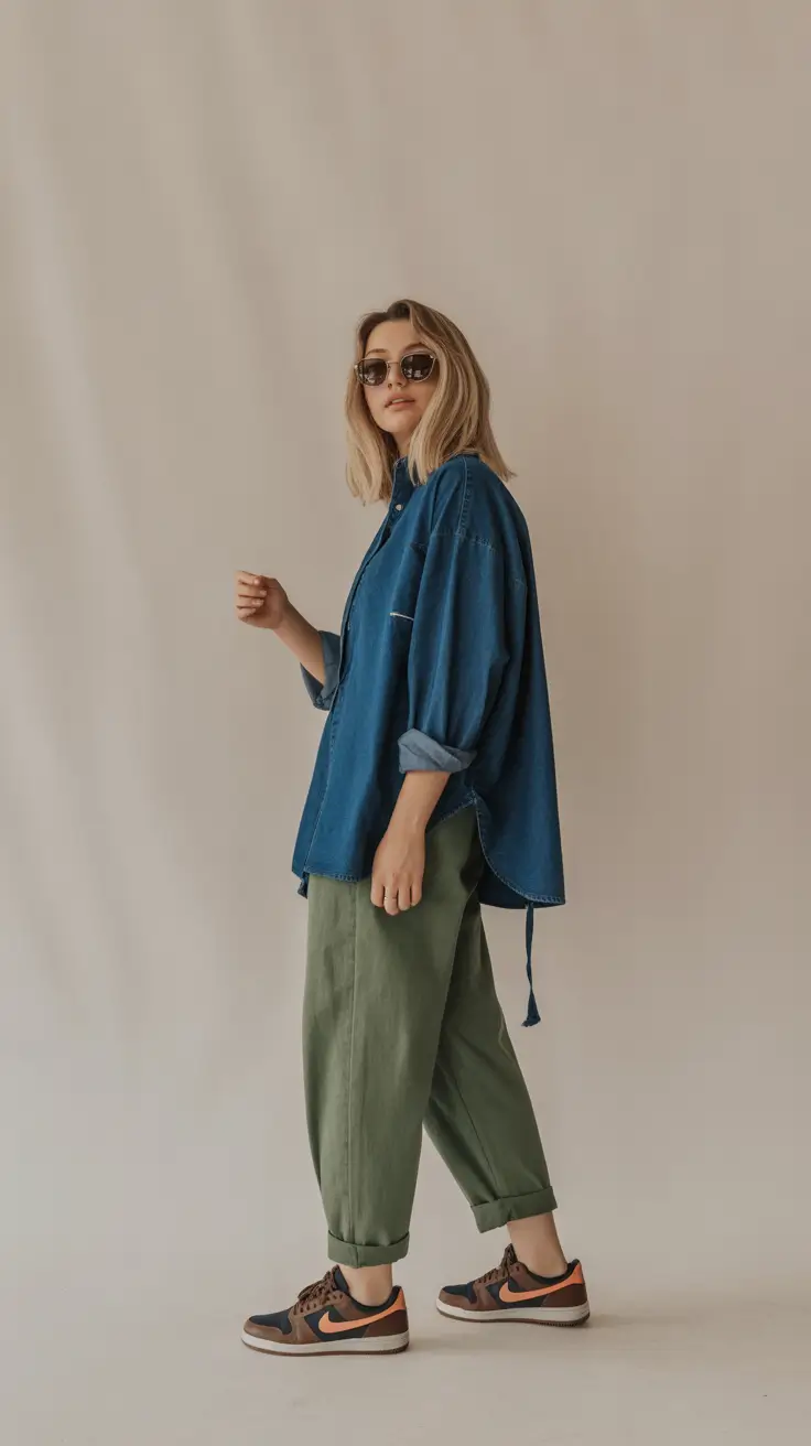 relaxed casual spring outfits 2026 - Oversized Denim and Olive Green for Relaxed Street Style