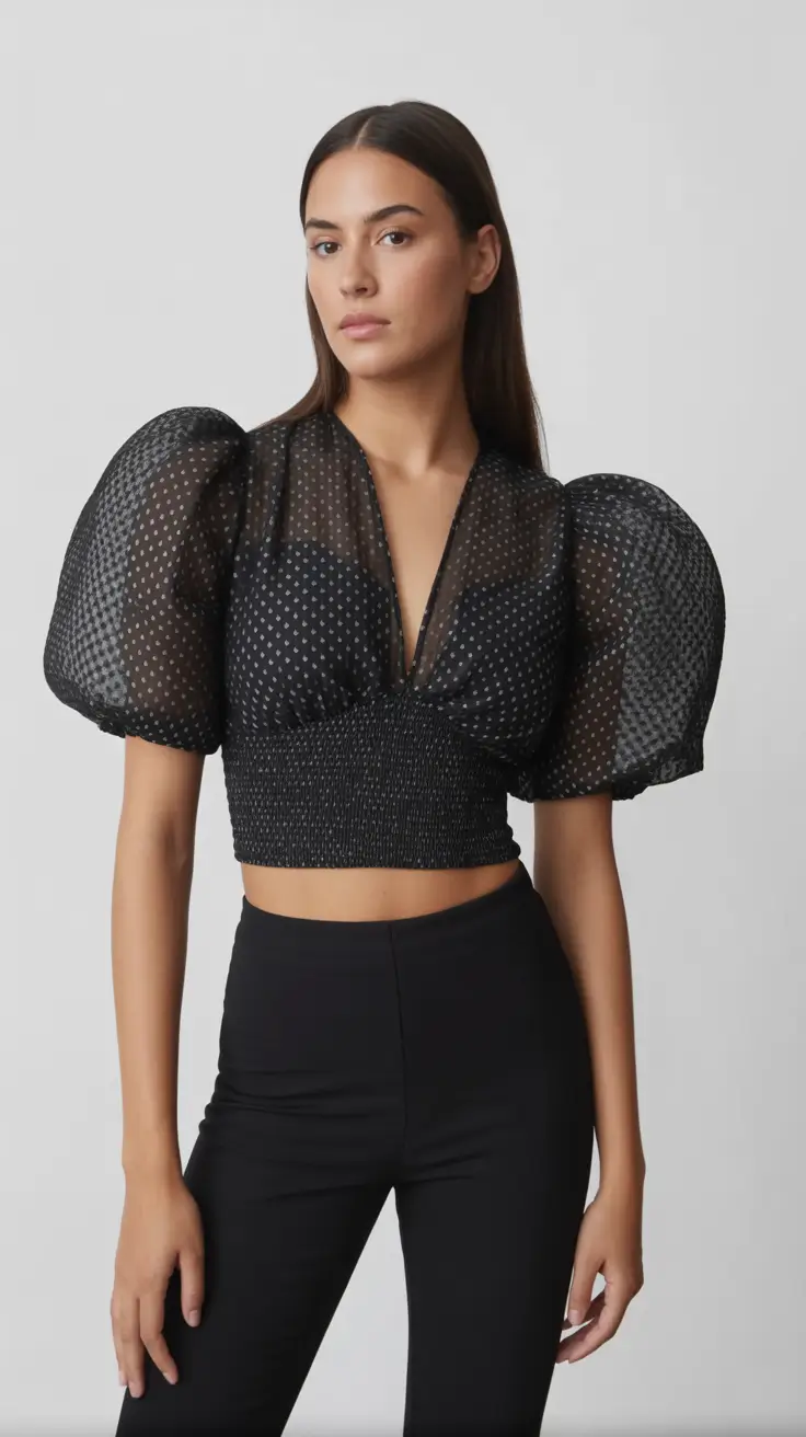 relaxed casual spring outfits 2026 - Black Sheer Drama With Modern Puff Sleeves