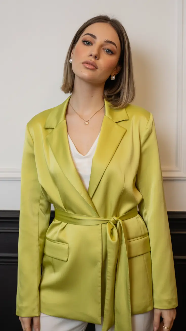 relaxed casual spring outfits 2026 - Lime Satin Blazer for Polished Spring Glow