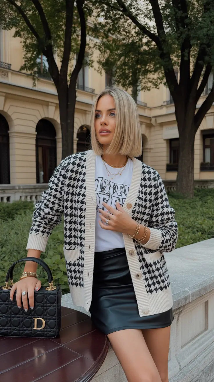 relaxed casual spring outfits 2026 - Houndstooth Layers and Leather for Chic Spring Edge