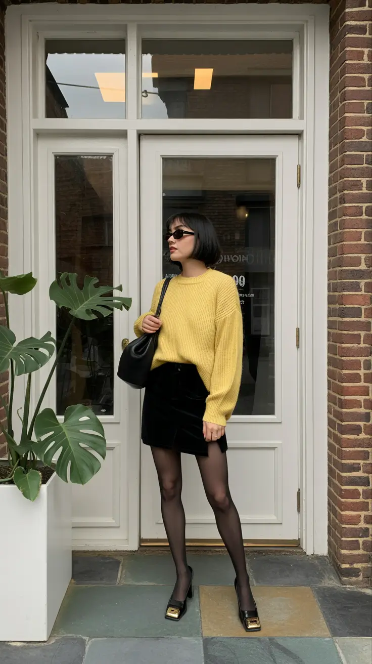 relaxed casual spring outfits 2026 - Bold Yellow Knit With a Sleek Mini Mood