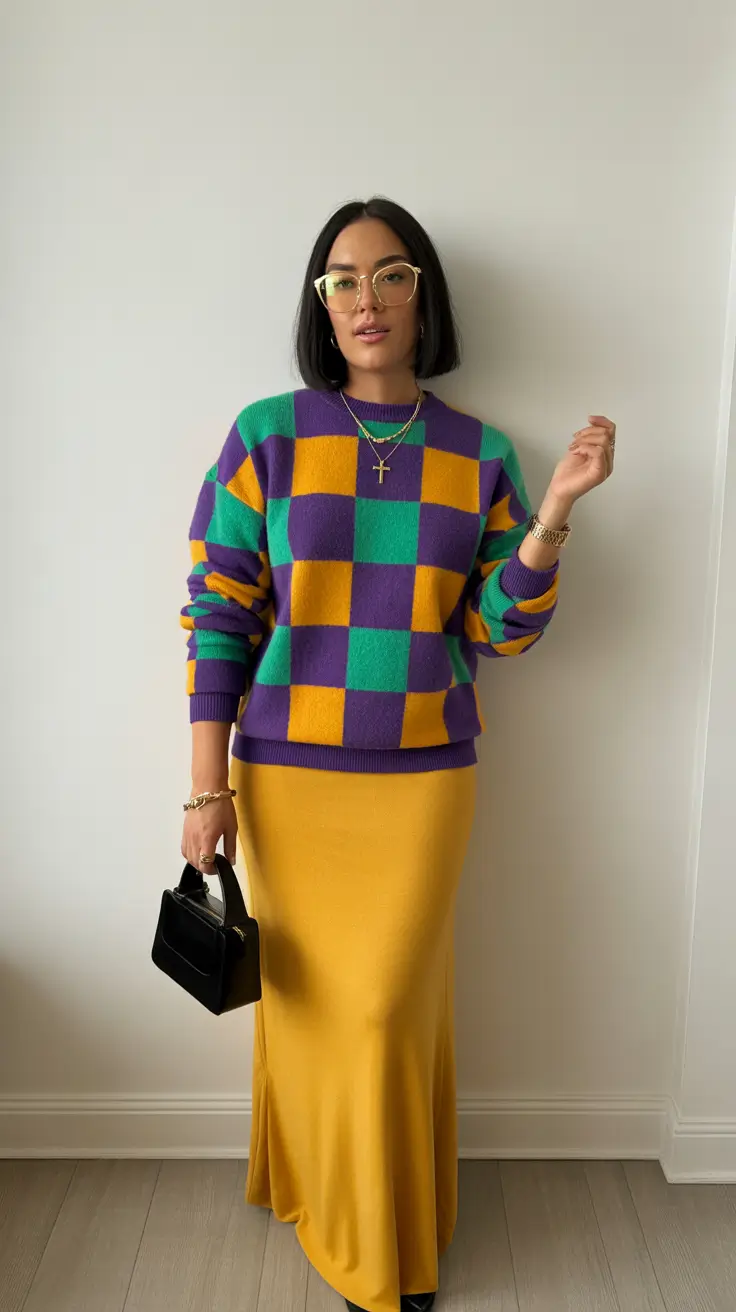 relaxed casual spring outfits 2026 - Color Block Knit With a Flowing Yellow Skirt