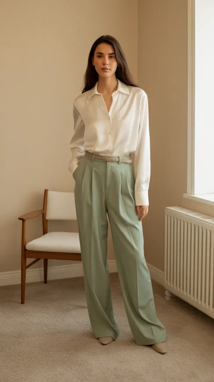 relaxed casual spring outfits 2026 - Mint Tailoring and Soft Neutrals for Light Spring Mornings