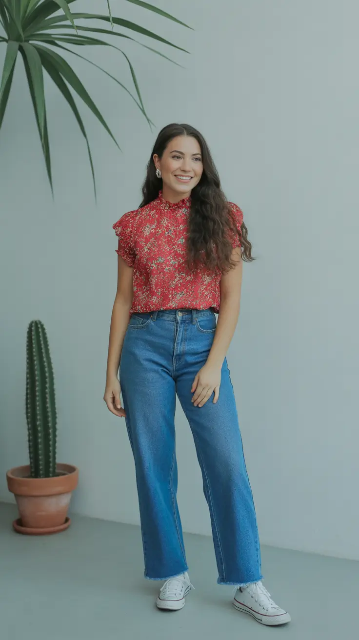 soft spring wardrobe hues 2026 Red Florals and Blue Denim for a Cheerful Spring Lift