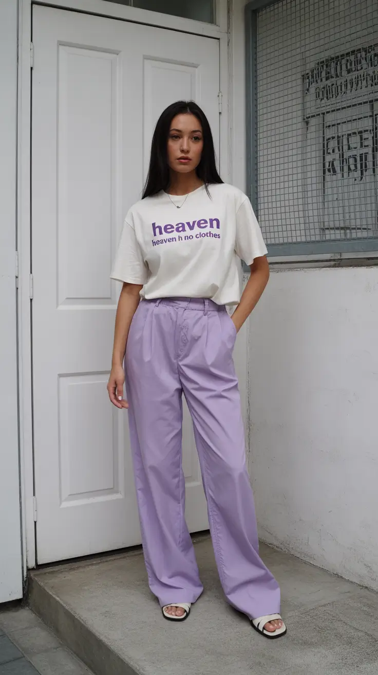 soft spring wardrobe hues 2026 Lilac Trousers and Graphic Ease for a Soft Urban Spring