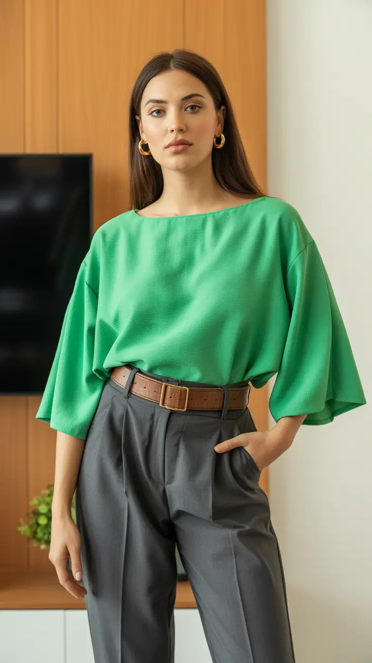 soft spring wardrobe hues 2026 Green Draped Volume Paired With Cool Grey Structure